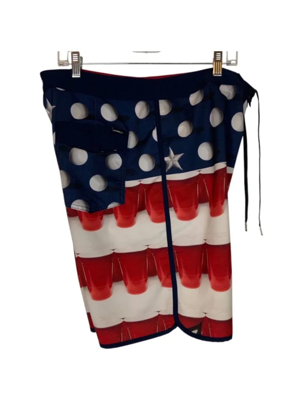ONeill Mens Hyperfreak Boardshorts Size 36 Red White Blue Beer Pong Cup Design